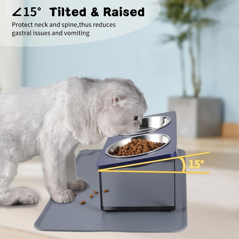 Summark Upgraded Elevated Cat Bowls with Food Mat,15°Tilted Stand Anti Vomiting Raised Cat Dishes for Food and Water,2 Stainless Steel Bowls for Cats and Puppies（Navy Blue） - Image 4